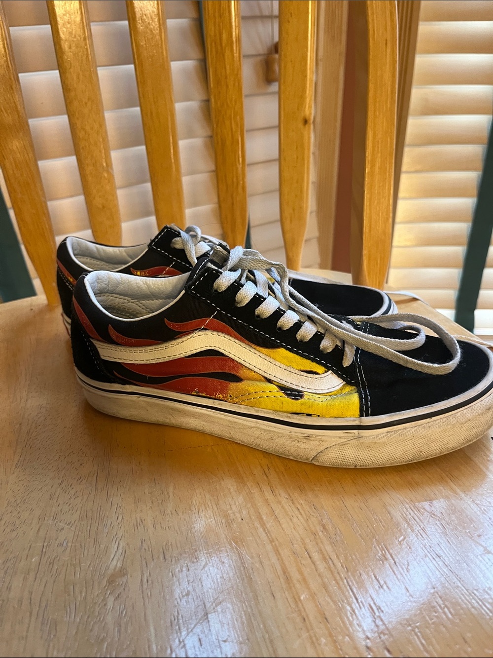 Vans Old Skool Sneakers - Black with Red & Yellow Flame Accents